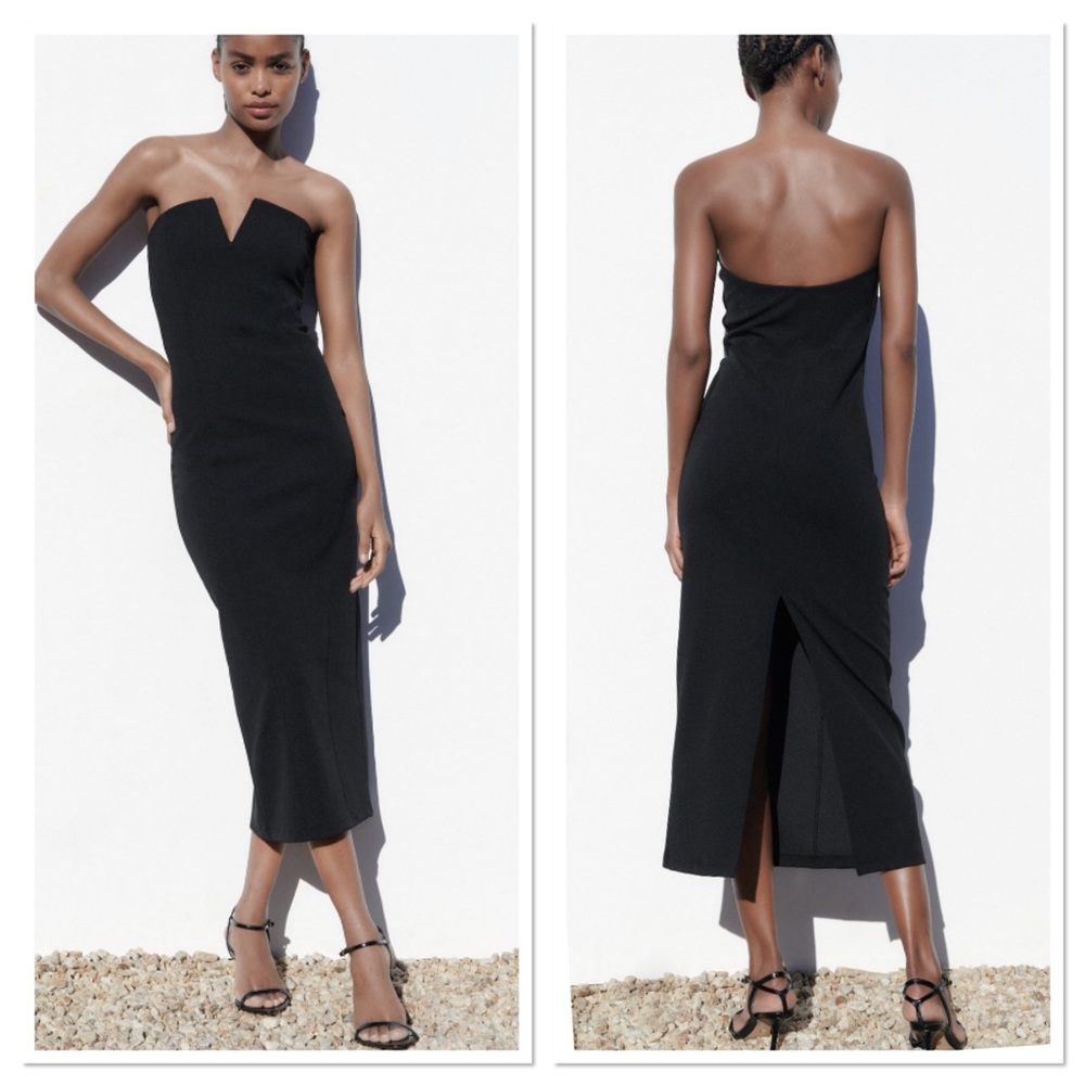 Zara V-Notched Midi Dress In Black Sz:S NWT